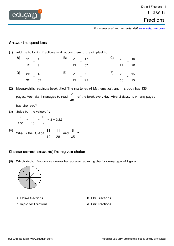 year 6 fractions math practice questions tests worksheets quizzes assignments edugain uk