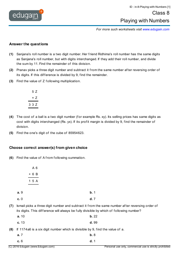case study questions on playing with numbers class 8